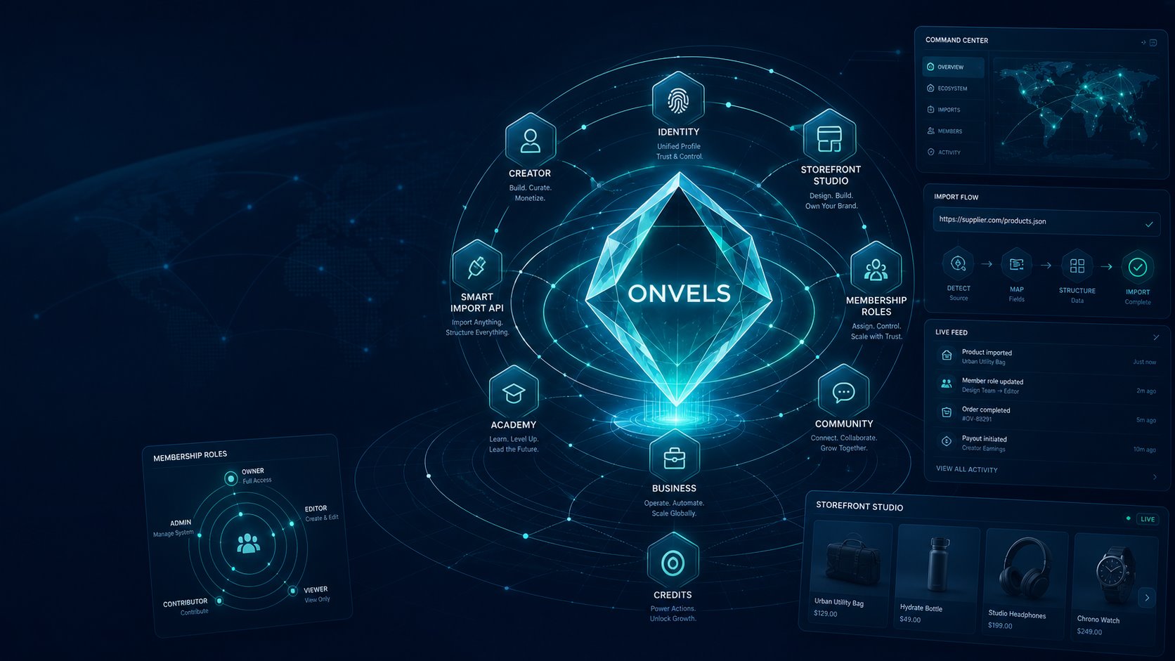 ONVELS operating world with identity, creator, storefront studio, smart import, roles, academy, business, community and credits connected around the ONVELS core