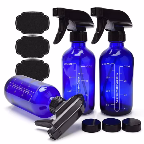 16oz Cobalt Blue Glass Spray Bottles with Measurements - Empty Reusable Refillable Container with Funnel and Labels for Mixing E