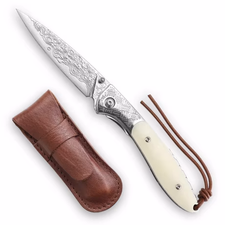 67 Layers Damascus Blade Bone Handle Leather Sheath Folding Camping Pocket Hunting Tactical Knife for EDC
