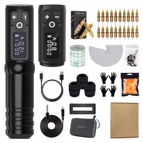 Ambition Flash 2400mAh Digital Battery Tattoo Gun Kit Wireless Tattoo Pen Machine Professional Complete Full Set for Body Art