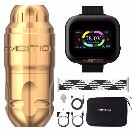 Ambition Lutin 4.0/3.5mm Stroke Straight Drive Rod Professional Rotary Tattoo Pen Machine and S1 Touch Screen Tattoo Battery Kit