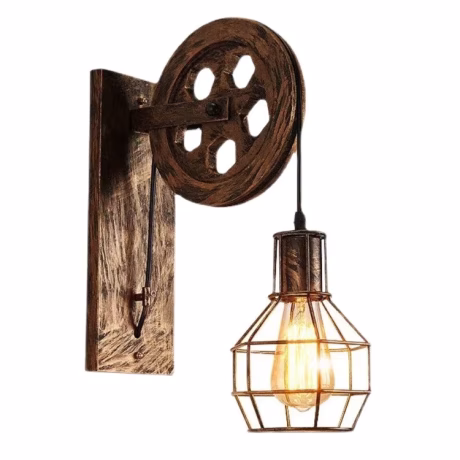 American loft retro wood wall light rustic iron lantern cage sconces restaurant home decor industrial vintage wheel wall lamp