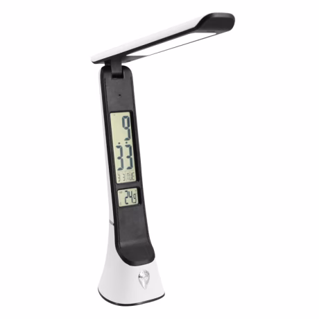 Battery usb rechargeable leather led desk lamp with calendar clock bedroom children kids reading lighting emergency hot sale oem