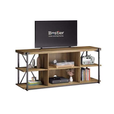 BESTIER TV Entertainment Center Eco-friendly Chipboard &amp; Sturdy Metal Frame Large 3-Tier Industrial Style Media Console TV Stand