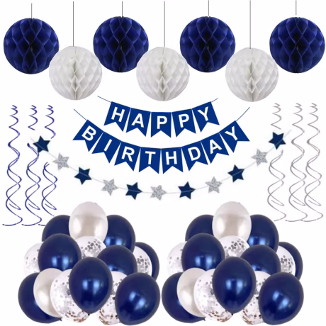 Blue Banner Honeycombs Ball Swirls Balloon Decoration Kit for Boy Man Women Happy Birthday Party Set