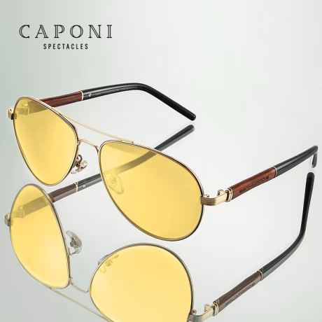 CAPONI Men Sun Glasses Polarized Photochromic Day Night Vision Glasses For Driving Wooden Legs Pilot Sunglasses BSYS409