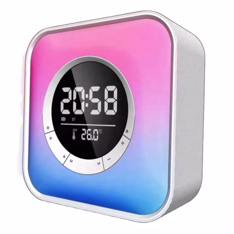 Digital Alarm Clock Square Cube Portable Power Bank Bluetooth Woofer Speaker Wireless with LED Night Light and Fm Radio
