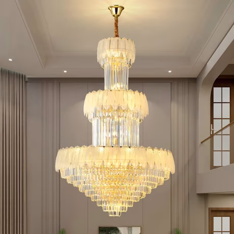 European Style Luxury Staircase Long Chandelier Duplex Villa Living Room Hall Lighting Hotel Leaf Crystal Chandelier