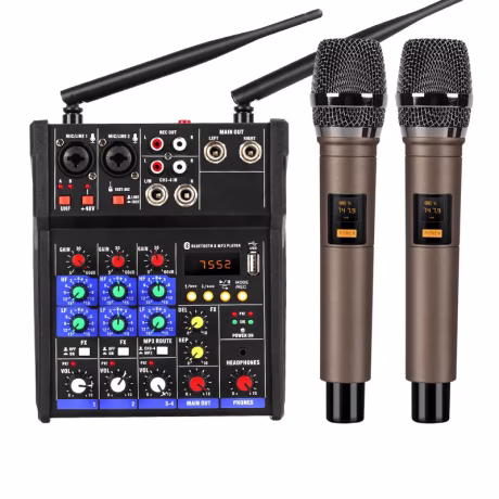 Four-Channel Audio Dj Mixer with UHF Wireless Microphone, Bluetooth, USB and 48V Phantom Power. Suitable Recording