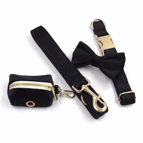 Heyri pet supplies factory custom patterns dog harness set dog collar leash bow tie poop bag holders black velvet gold buckle