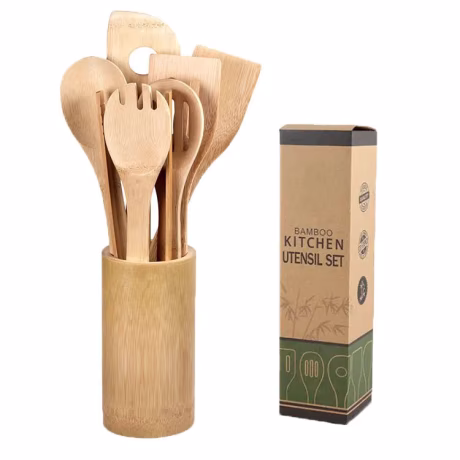 Hot Sale Home Use Healthy 8 PCS Non Stick Bamboo Kitchen Cooking Utensils With Packing Box