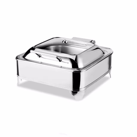 Hotel restaurant stainless steel hydraulic buffet supplies server square glass lid food warmer chafing dish with 6L pan