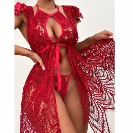 Latest Design Women's Lace Long Gown Bathrobe Sexy Mesh Sleepwear Women Robe Summer Beachwear Lingerie Sexy