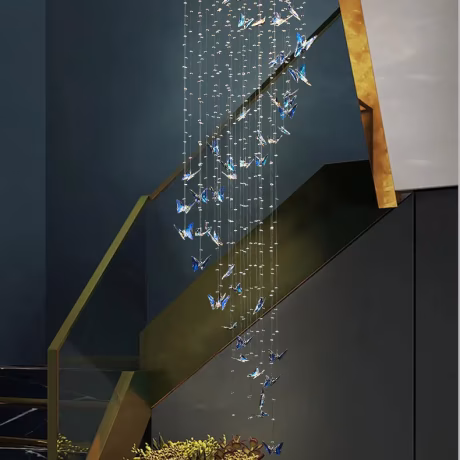 long crystal butterfly decorated duplex building villa hotel club light luxury circle spiral oval staircase chandelier