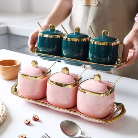 Luxury ceramic seasoning box household salt sugar seasoning jar combination set kitchen supplies
