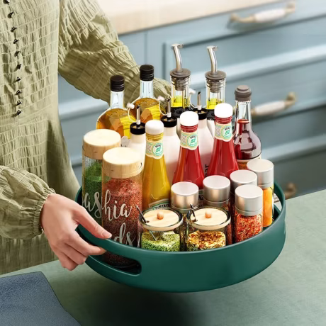 NEW kitchen storage organization corner wooden revolving rotating countertop metal masala box display spice rack set organizer