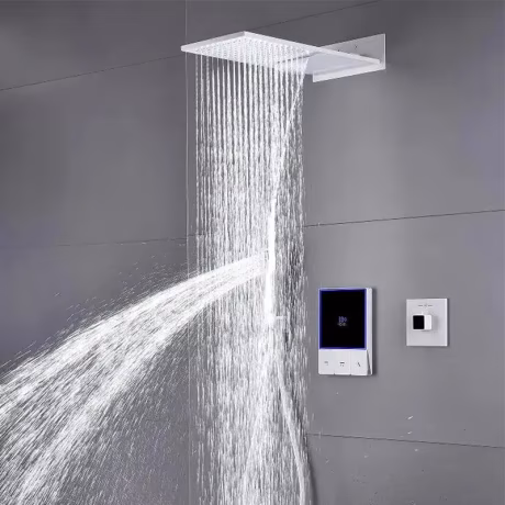 Smart White Rainfall Waterfall Shower head Digital Temperature LED Display bathroom shower system set