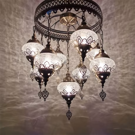 Turkish Moroccan Arabian Mosaic 9 Lights Oval Chandelier Pendant Lighting Hanging Lamp Kit Deco Bronze Clear Crackle Glass Art