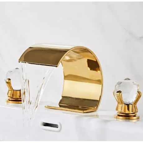 Unique Design Gold Finish Brass Wash Basin Faucet 3 Holes Bathroom Waterfall Basin Sink Water Faucet with Double Crystal Handle
