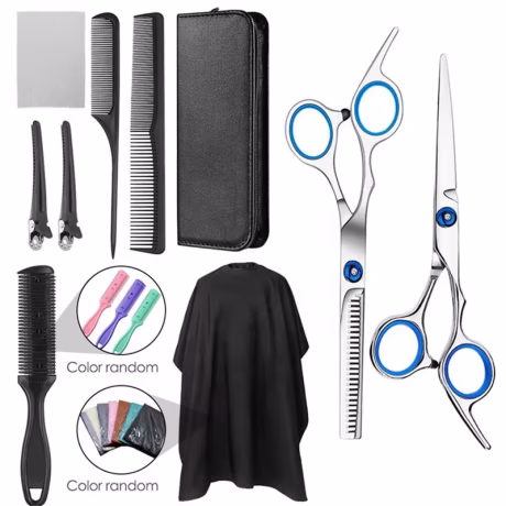 Upgraded Professional Hair Cutting Scissors Set 9 in 1 Kit Thinning Shears Hair Razor Comb Clips Cape Wallet Hairdressing Barber