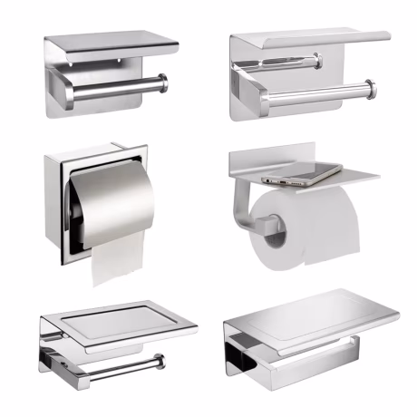 Wall-mount paper towel holder toilet tissue mobile phone storage shelf adhesive industrial toilet paper holder with shelf