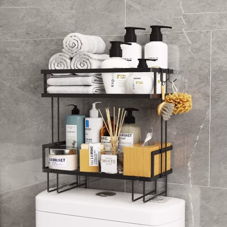 Wall Mounting No Drilling Design 2-Tier Bathroom Over The Toilet Storage Shelf Organizer with Hanging Hook &amp; Adhesive Base