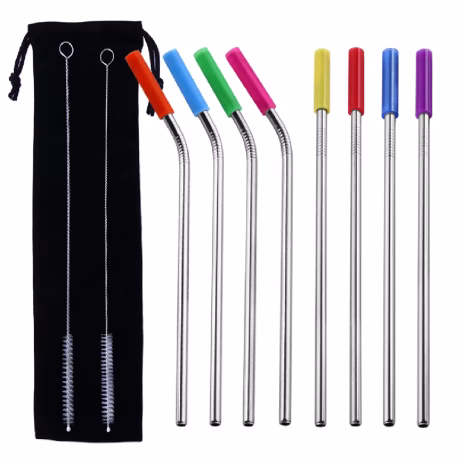 Wholesale 215mm Easy to Clean Reusable Stainless Steel Straw with Silicone Cover Mouth Protector
