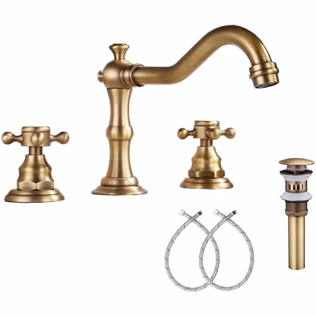 2 Handle 3 Hole Widespread Bathroom Sink Faucet Antique Brass Bathroom Vanity Faucet Basin Mixer Tap Matching Metal Pop Up Drain