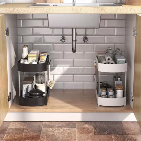 2-Tier ABS Under Sink Organizer Multi-Purpose Bathroom Kitchen Cabinet Organizer Baskets With 5 Hooks