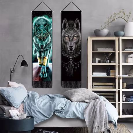 Aesthetic Art Wolf 3D Printed Long Tapestry Wall Hanging for Men Boys Bedroom