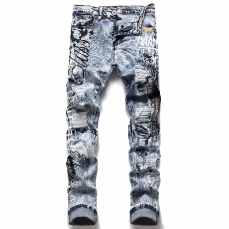 AIPA Fashion trend European and American style snowflake blue letter printing hole elastic men's jeans