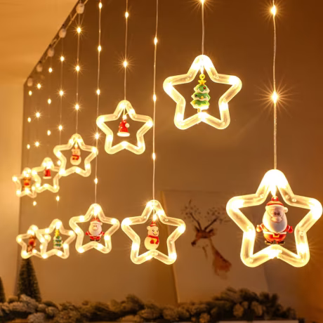 Christmas Decoration Pentagram Circles Christmas Tree Curtain Lights 8 Function Remote Control Room Window Mall Holiday