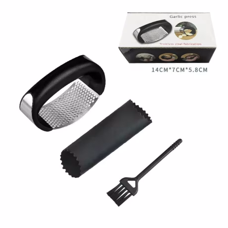 Dropshipping Kitchen Household Items Stainless Steel Garlic Press Garlic Press Rocker With Garlic Peeler Brush Box Packaging