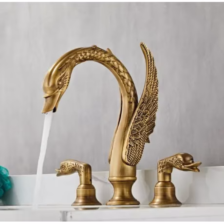 European luxury goose neck animal shape 3 hole double handle deck mounted brass antique swan faucet sink bathroom