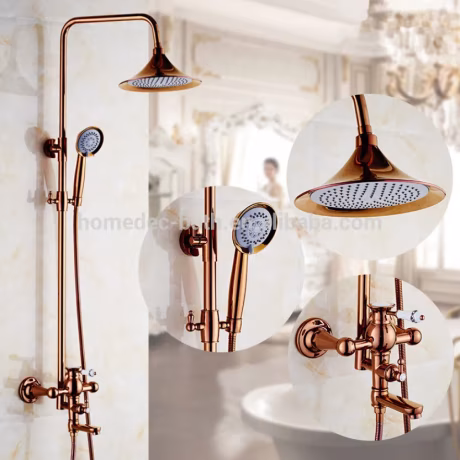 European Style Vintage Rain Brass Rose Gold Plated Shower Head Bathroom Shower Kit Exposed Rain Shower Faucet Set