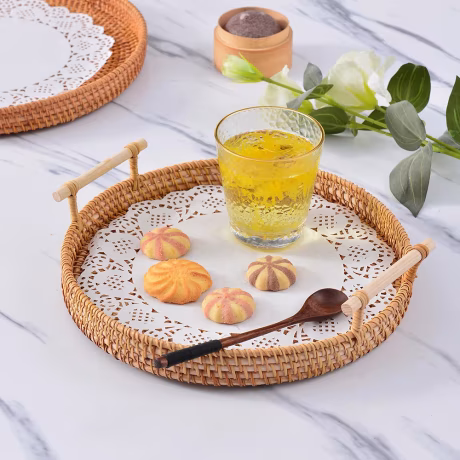 Factory Handmade Natural Wooden Handle Real Bamboo Decor Storage Food Rattan Tray