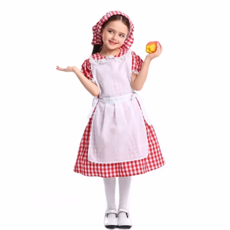 Farm Halloween Fairy Tale Kids Girl Lace Red Plaid Beer Dress Outfit Cosplay Little Maid Costume