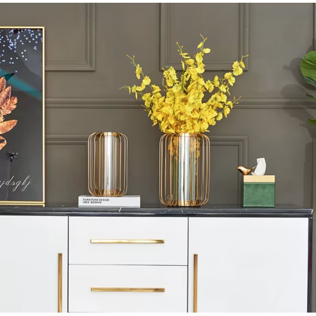 Gold decoration light luxury metal bird cage model room dining table living room flower Nordic glass vase