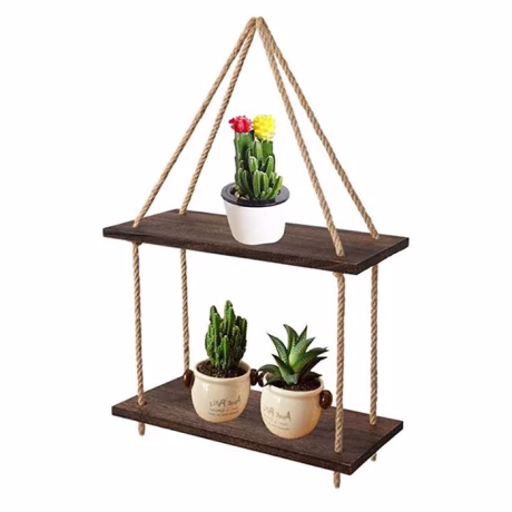 Hot Sale Wall Hanging Shelves Wood Floating Shelves Window Hanging Plant Triangle Rope Shelf Rustic Farmhouse Storage Rack