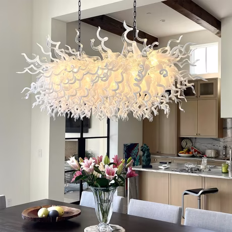 Modern Rectangular Chandelier White Blown Glass Ceiling Mounted Chandelier Light Fixture for Dining Room Kitchen Island