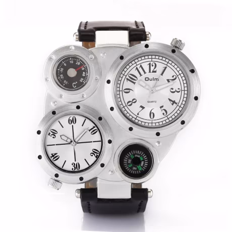 OULM 9415 Creative Design Multiple Time Zone Watches Men Sport Thermometer Compass Decoration Leather Wristwatch