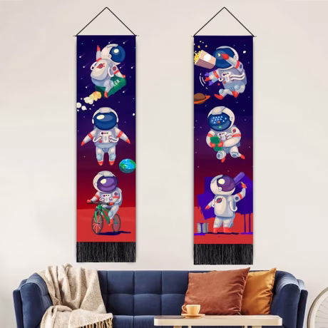 Space Astronaut Galaxy Planet Cartoon Vertical Tapestry Wall Decor Children Tassels Tapestries for Kids Room