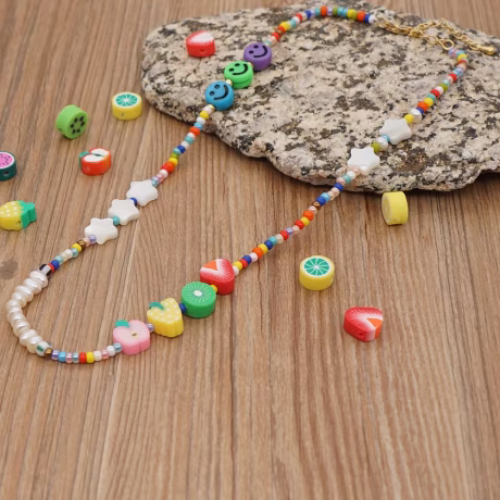 Summer Boho handmade gold chain freshwater pearl happy smiley face polymer clay fruit flower bead necklace for women girls