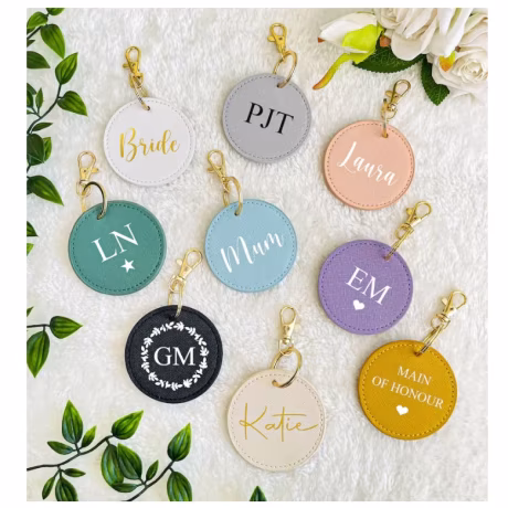 YY Leather portable circle key chain round key chain Faux Leather Keychain, Monogram Keyring