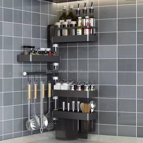 4 tier chaozhou city kitchen shelf wall mount hanging four tier 360 degree stainless steel rotating spice rack set organizer
