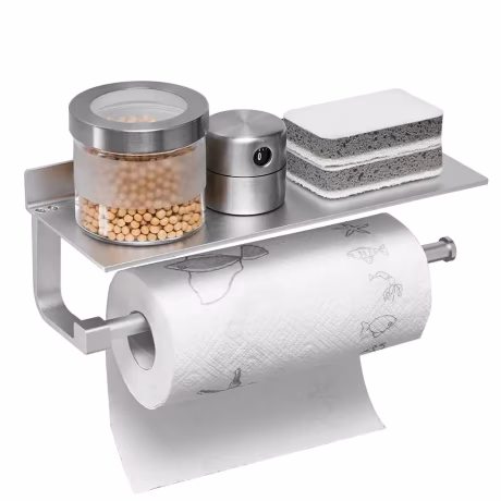 Adhesive Paper Towel Holder Wall Mounted for Kitchen Bathroom Tissue Roll Hanger with Storage Shelf, Space Aluminum