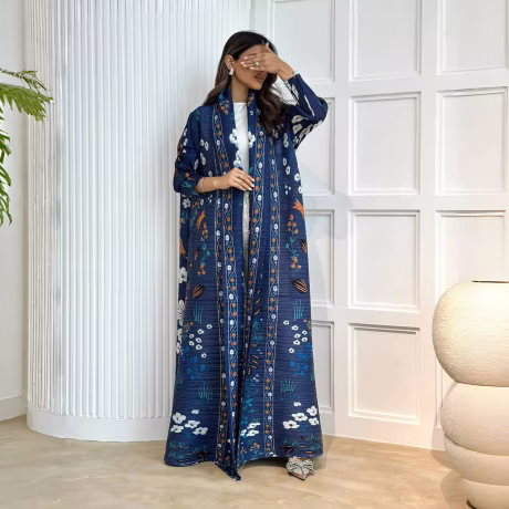 Arabian Dubai Travel Clothing Women's Printed Middle Eastern Robe Large Size Pleated Belt Casual Long Muslim Abaya Women's Robe