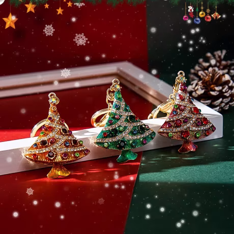 Christmas Gifts Rhinestone Diamond Christmas Tree Decorations Custom Logo Key Rings Car Key Chains Luxury Enamel Metal Key Chain