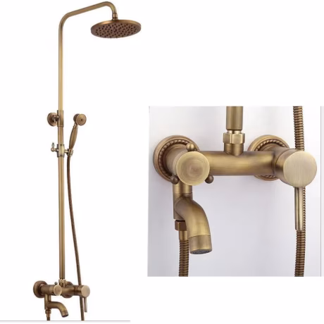 Classic Antique Brass Mixer Faucet Shower Set Brass Wall Mounted Bathroom Shower System
