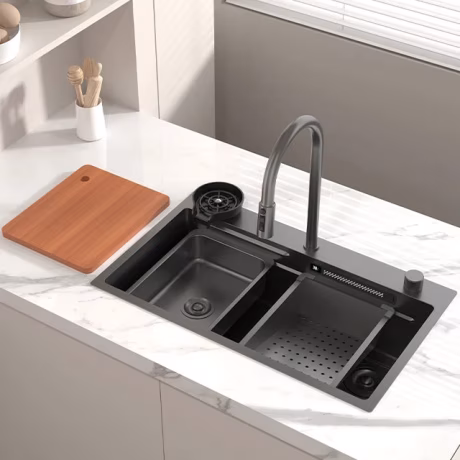 Complete Whole Set Waterfall Kitchen Sink Stainless Steel Sinks Big Single Bowl with Dish Rack Under Mount Sinks